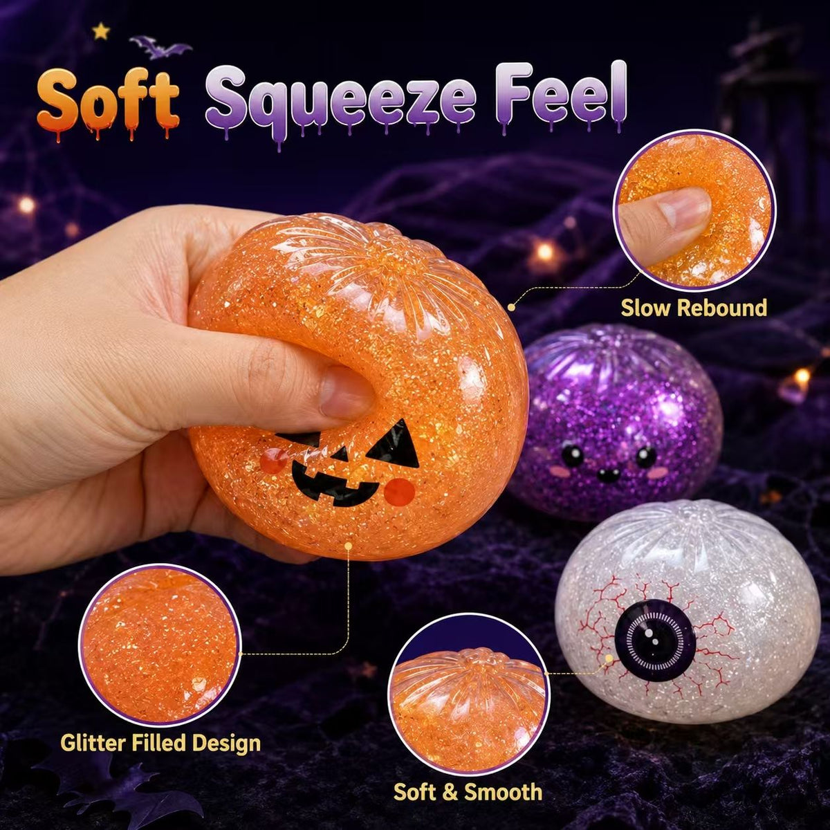 Halloween Soft Squishy Glitter Pumpkin Kids Toy - 12 Pack Assorted