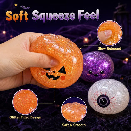 Halloween Soft Squishy Glitter Pumpkin Kids Toy - 12 Pack Assorted