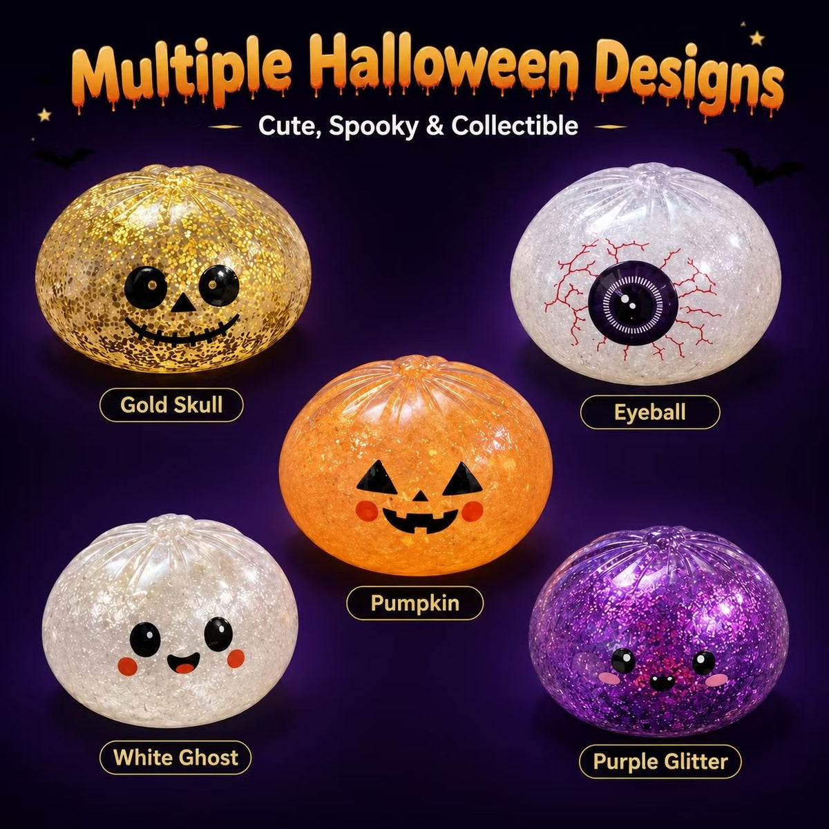 Halloween Soft Squishy Glitter Pumpkin Kids Toy - 12 Pack Assorted